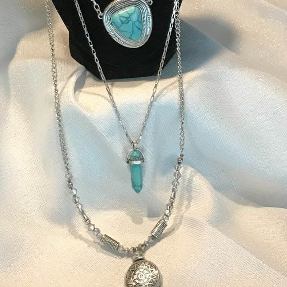 Turquoise and Silver Triple Chain Pendant - Picture 4 of 10
